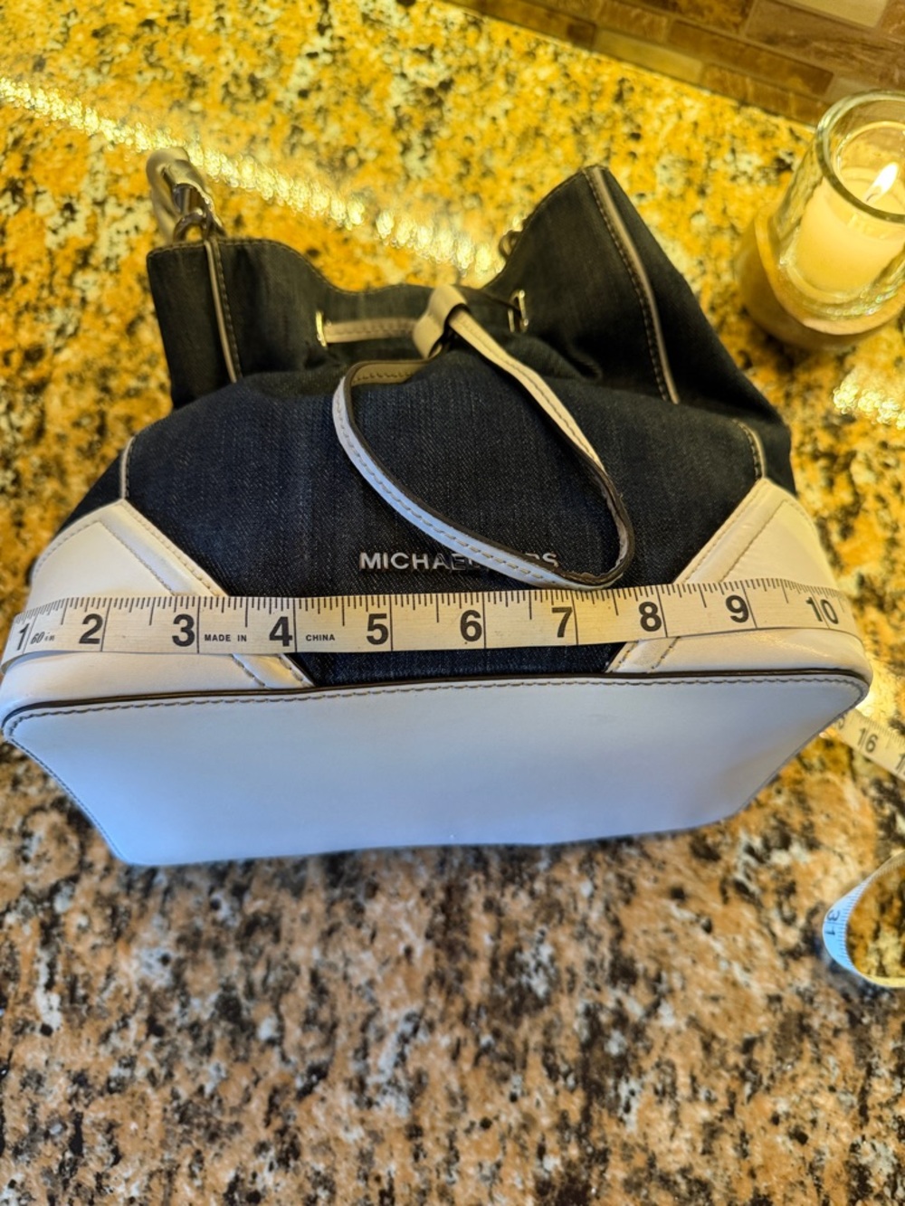 Michael Kors Navy Denim and White Drawstring Shoulder Bag - Picture 7 of 13